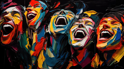 Abstract faces of people laughing colorful portraits on a black