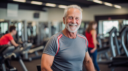 Fototapeta premium 70 year old man exercising at the gym. Generated with artificial intelligence