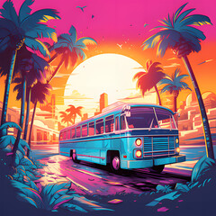 retro Bus in the city at sunset illustration ai generative