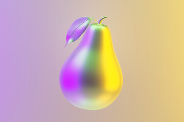 Metallic glossy pear model in neon pastel light. 3d rendering
