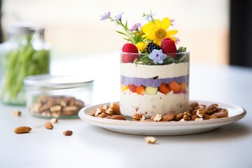 three-layer raw vegan cheesecake with visible nuts and fruits