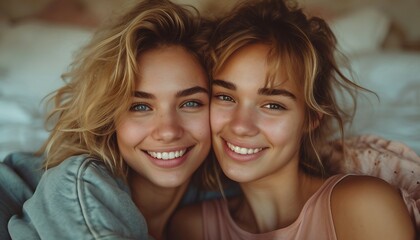 women Homosexual couple romancing while sitting in bedroom at home, happiness, romance, bedroom, love, relationship.