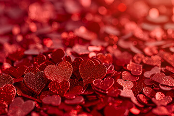 Red confetti in a heart shape scattered on a red background