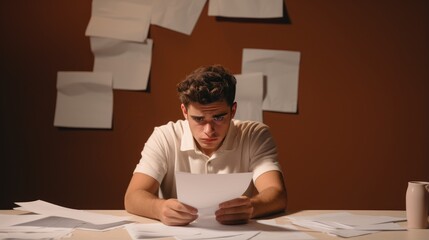 Sad Boy Student Overwhelmed with Papers: Teenage Education Stress