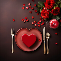 Fototapeta na wymiar Served table for Valentines Dinne with fork and knife, top view with copy space Generative AI