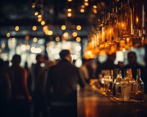 People are standing in a bar with bottles and glasses. Generative AI.