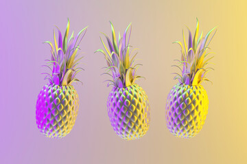 Metallic glossy pineapples levitation on neon pastel light background. 3d rendering