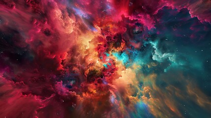 Vibrant Cosmic Clouds: A Colorful Nebula Texture Illustration with Rich Reds, Blues, and Yellows Amidst Stars