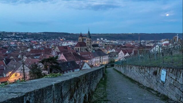Timelapse of sunrise over the medieval city centre of Esslingen with St. Dionys church in southern Germany