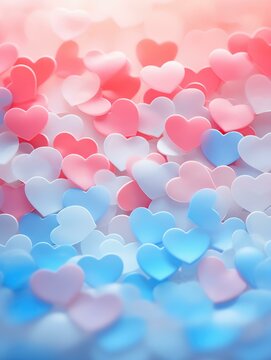 Many pink and blue hearts are scattered on a background. Generative AI.