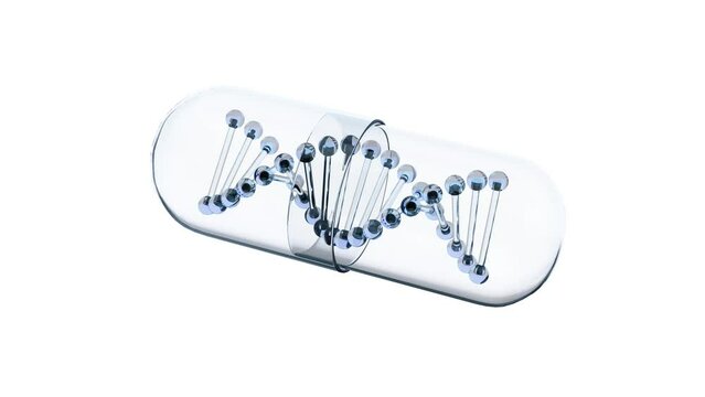 A transparent capsule with a DNA structure inside. Seamless loop. 3D Rendering. RGB + Alpha channel + green chromakey screen