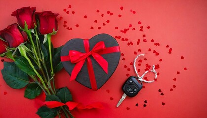 black car keys red roses a heart shaped gift box with a red ribbon lie on a red background with a scattering of small hearts woman s valentine s day gift concept flat lay top view banner