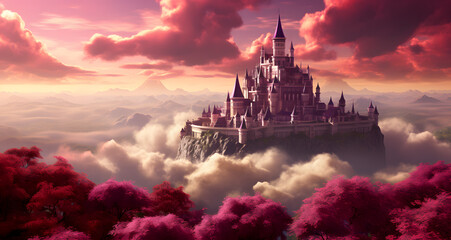 pink castle with pink clouds in the sky - Powered by Adobe