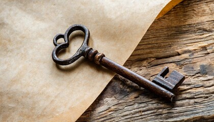old key with a heart of wood on paper background
