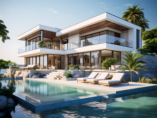 Fototapeta premium Beautiful modern luxury villa with a large swimming pool in front, and blue sky above. Created with Generative AI.