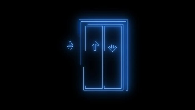 Video footage of Blue glowing Elevator neon icon. Looped Neon Lines abstract on black background. Futuristic laser background. Seamless loop. 4k video