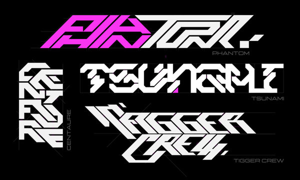 Cyberpunk style inscriptions Centaure, Tagger Crew, Phantom, Tsunami. Futuristic lettering, techwear typography pattern design, modern mecha font.