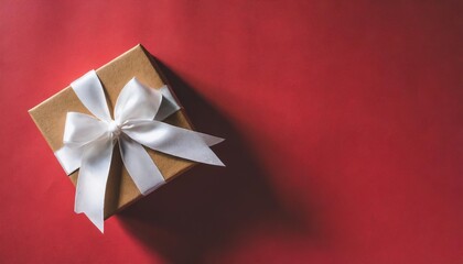 top view of white ribbon bow present box or opened gift box with lid on dark red background with shadow minimal conceptuals for christmas and valentines day 3d rendering