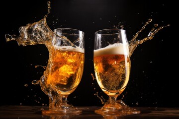  a close up of two glasses of beer with water splashing out of the top and bottom of the glasses.