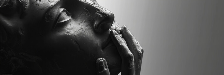 classic sculpture of a person's head looking up, searching for answers and inspiration, hand touching lips, grey background with some copy space, closeup