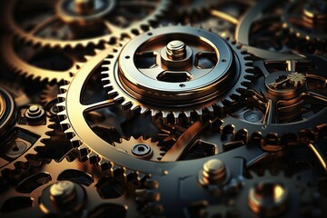  a close up view of a bunch of gears on a black and gold background with focus on the center part of the gears.