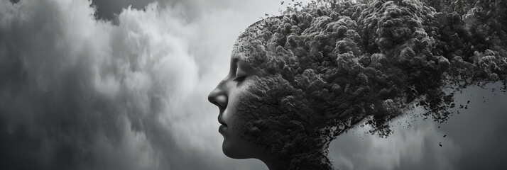  black and white silhouette of a person's head in profile falling apart, symbol of sadness, depression and crisis, copy space
