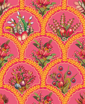 Decorative Mughal motif in modern color design seamless pattern