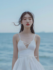 Fototapeta na wymiar woman in dress on the beach, Generative AI