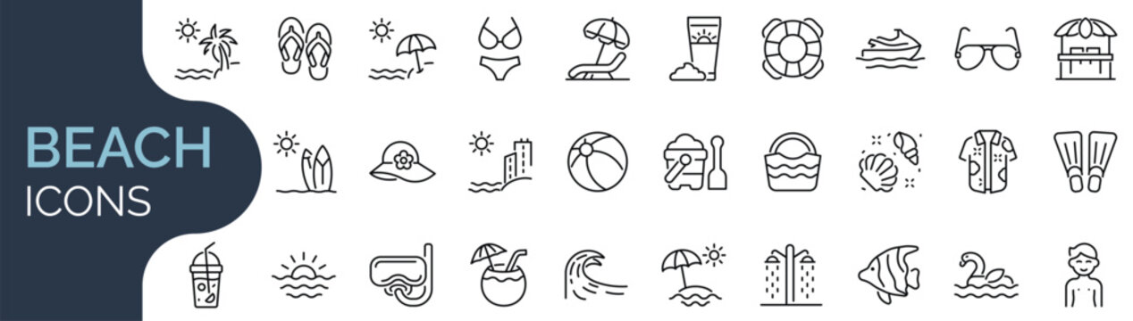 Set of outline icons related to beach. Linear icon collection. Editable stroke. Vector illustration