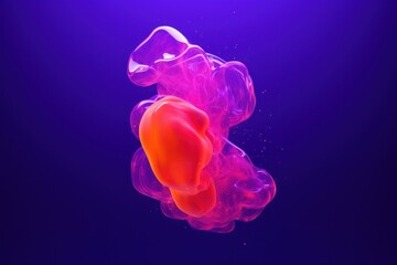  a red substance floating in the air on a blue and purple background with a light reflection on the bottom of the image.