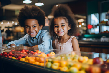 Black mulattoes with voluminous hairstyles cheerful children little boy and girl choose fresh sweet fruits in supermarket on the counter - obrazy, fototapety, plakaty