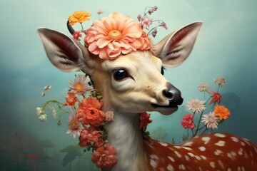  a painting of a deer with a flower in its antelope's antelope's head.