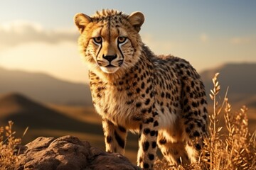  a cheetah standing on top of a dry grass covered field next to a rocky hill with mountains in the background.