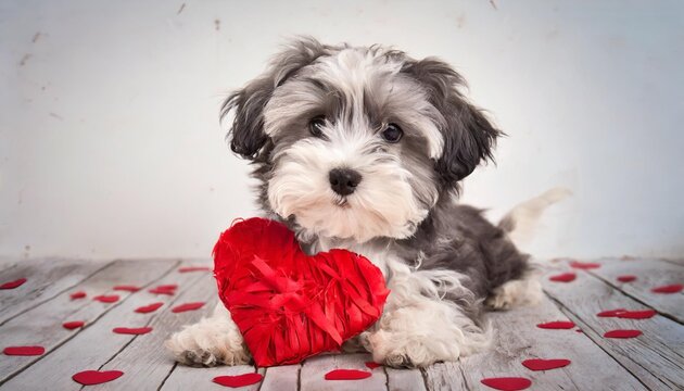 valentine havanese puppy dog with a red heart