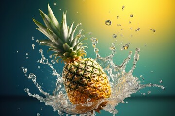  a pineapple falling into the water with a splash of water on the top and bottom of the pineapple.