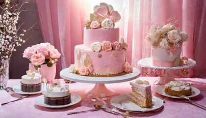 Obraz na płótnie Canvas beautiful cakes and desserts in pink tones on a pink background wedding cake birthday cake valentine s day cake