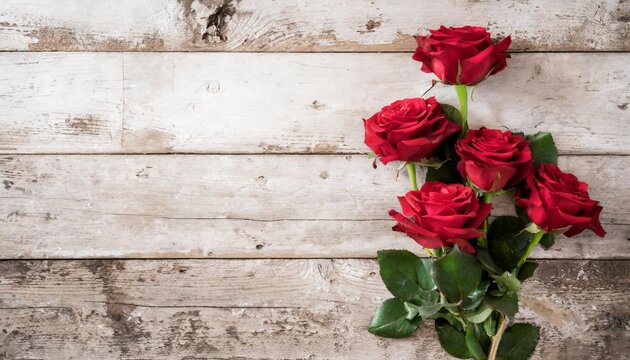 beautiful red roses still life over rustic wooden background love concept shot from above