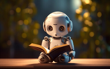 Cute android robot reads the book in the dark garden