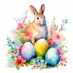 Watercolor Easter bunny with colored eggs and spring flowers. Watercolor Easter clipart in pastel colors on a white background 