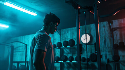 An athlete obsessively training alone in a gym with a clock showing late hours indicating over-exertion.