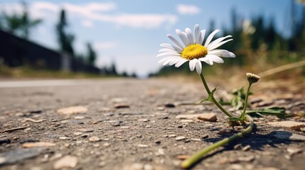  a single daisy sitting on the side of a road next to a grass and dirt covered field with trees in the background.