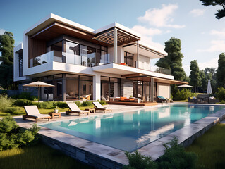 Beautiful modern luxury villa with a large swimming pool in front, and blue sky above. Created with Generative AI.