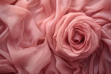  a close up of a pink rose flower on a bed of pink satin chiffon fabric with a black background.