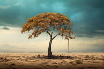 a painting of a tree in the middle of a desert with birds flying in the sky and rain coming down.