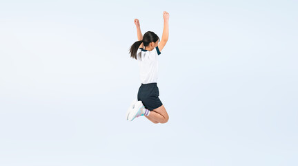 Fototapeta na wymiar ジャンプする体操服を着た女の子の後ろ姿（切り抜き背景透過PNGも販売しております。作成者リンクから「PNG」で検索してください）
