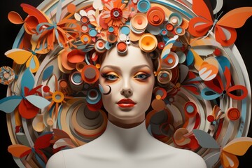  a digital painting of a woman's face with a bunch of circles and flowers on it's head.