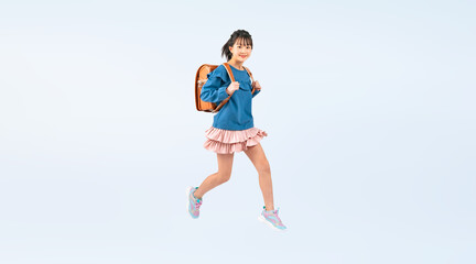 ランドセルを背負ってジャンプする女子小学生（切り抜き背景透過PNGも販売しております。作成者リンクから「PNG」で検索してください）