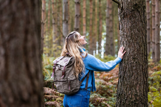 Happy woman touching tree trunk in Cannock chase forest