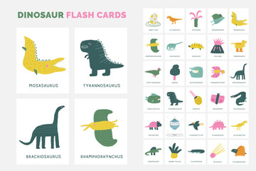 Jurassic period dinosaur flashcards. Learning English words for kids. Cute hand drawn doodle educational card with dino. Preschool learning material. Funny extinct animal card for print