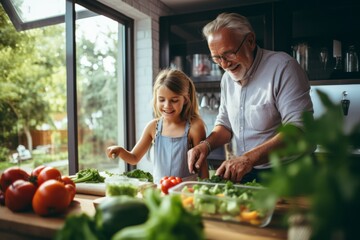 Happy grandfather and grandaughter are preparing a salad for a family dinner together - obrazy, fototapety, plakaty
